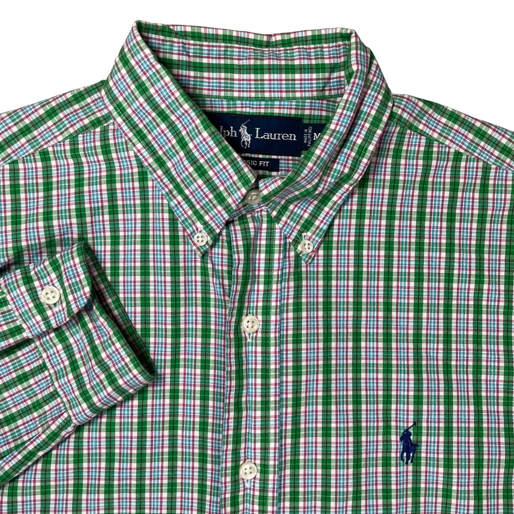 Ralph Lauren Button Down Shirt Men Medium Green Plaid Classic Fit Preppy Office
